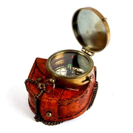 Brass Pocket Compass with Leather Case Chain